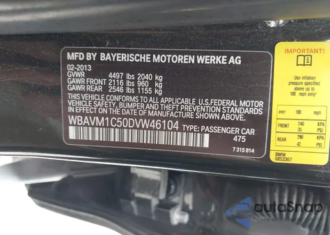 2013 BMW X1 Sdrive28I из США, поврежденный, VIN WBAVM1C50DVW46104